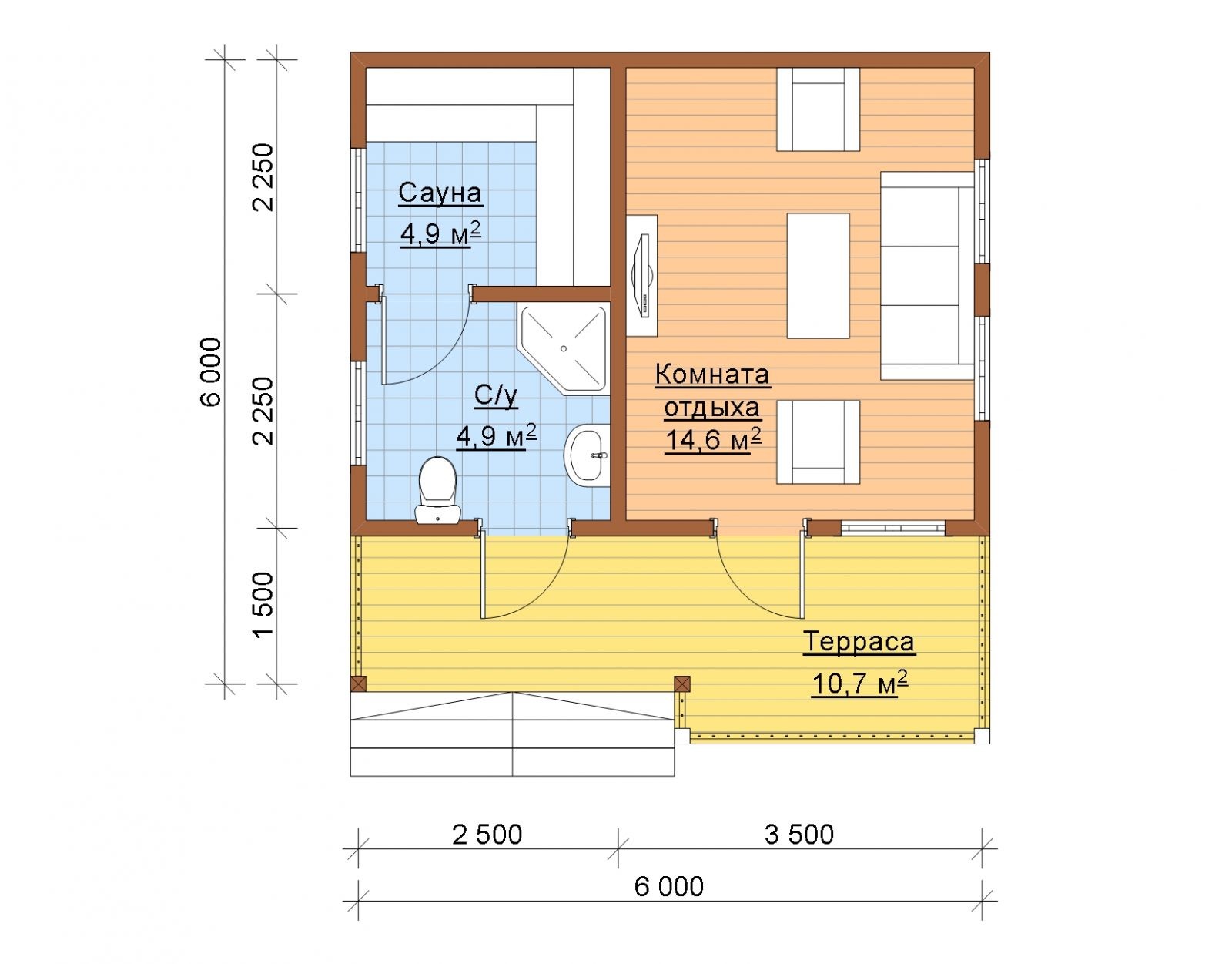 Планировка дома 6 на 6 с террасой и санузлом
